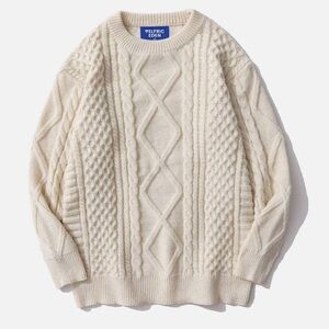 Elfric Eden Cream Cable‎ Knit Sweater Fishermen Crew Neck Unisex Medium